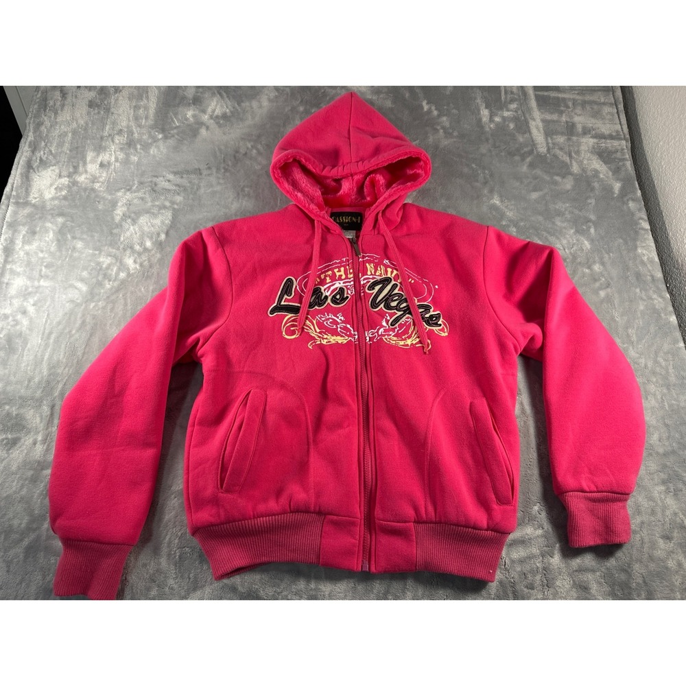 Passion-I USA Kids Girls XL Hot Pink Las Vegas Faux Fur Lined Zip Up Hoodie